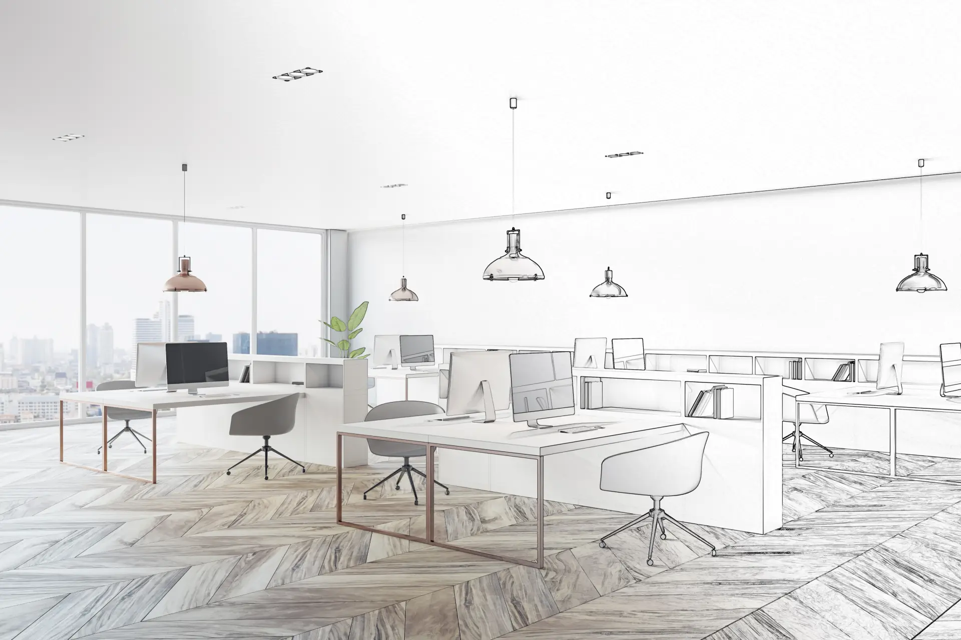 Modern office space design concept transitioning from sketch to finished interior, featuring ergonomic desks, chairs, large windows, and city view — CXbuildr office design and construction services.