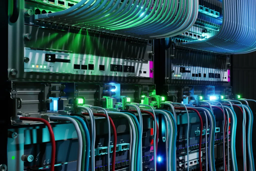 Close-up of server rack with colorful Ethernet cables and illuminated network switches — CXbuildr office infrastructure design and construction services.