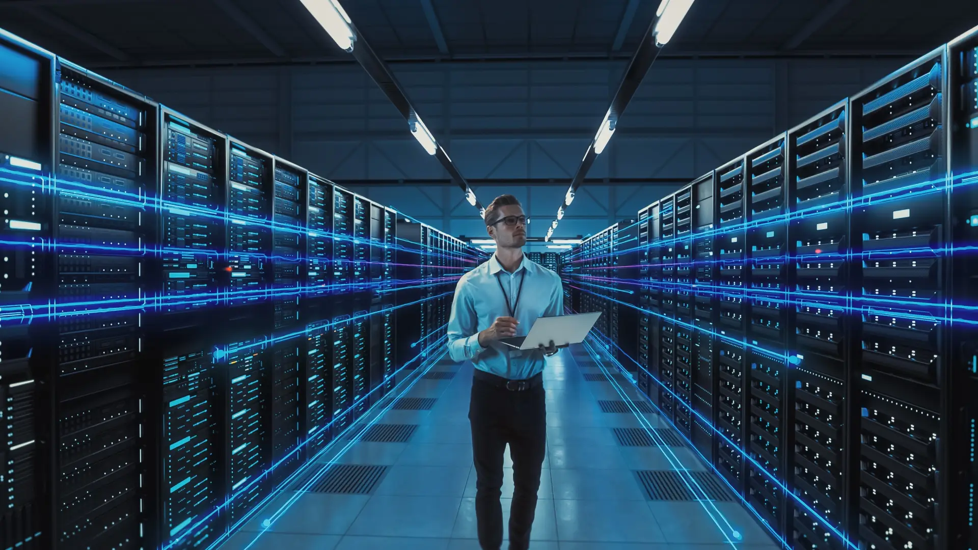 High-tech server room with rows of racks, professional inspecting equipment with laptop, and digital data flow overlay — CXbuildr office infrastructure design and construction services.